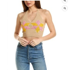 SANDRO Crochet Halter Crop Top with Pink & Yellow Accents 3